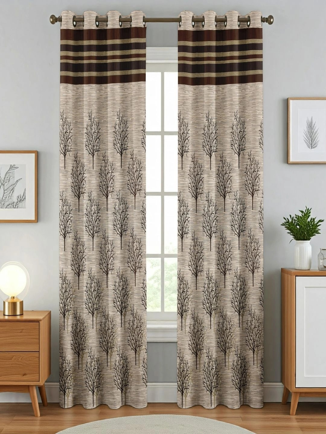 Aura Brown & White Set of 2 Floral Room Darkening Long Door Curtain