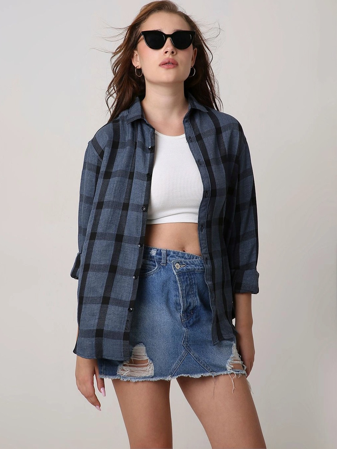 Blnk Women Comfort Checked Casual Oversized Shirt