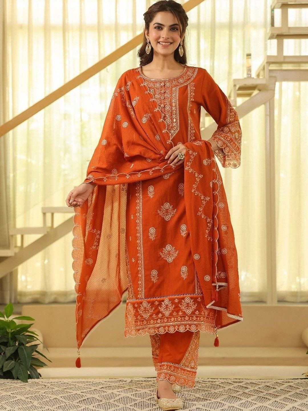 AMRAANA Women Ethnic Motifs Embroidered Regular Mirror Work Pure Cotton Kurta with Trousers & With Dupatta