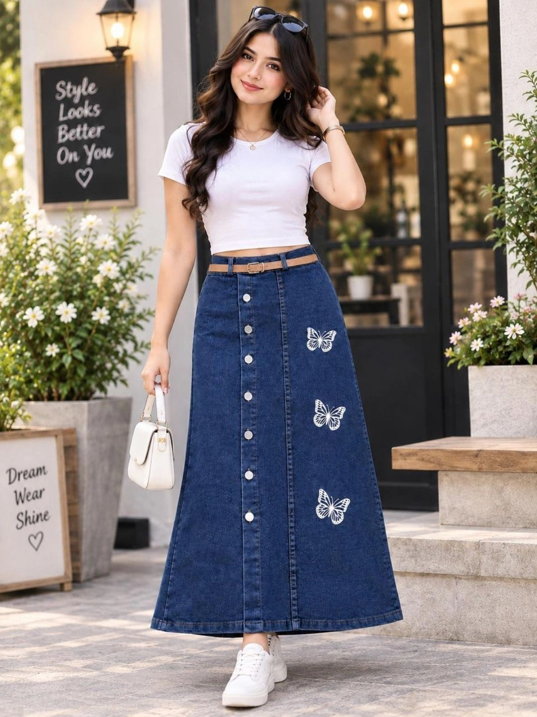 BUCCLY Women Denim Animal Animal Graphic Midi A-Line Skirt