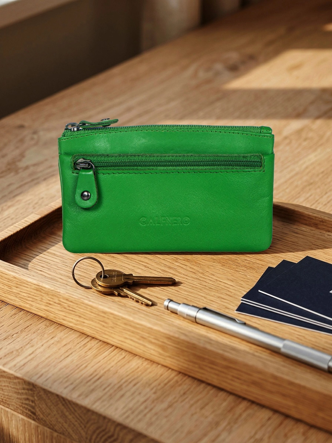 CALFNERO Unisex Green Solid Leather Zip Around Wallet