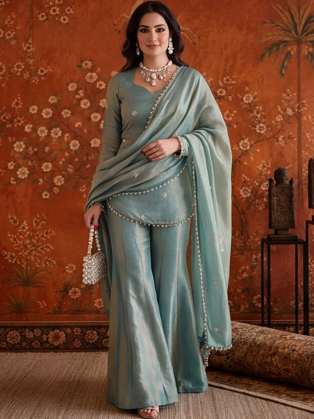 Sangria Women Ethnic Motifs Embroidered Regular Sequinned Kurta with Sharara & With Dupatta