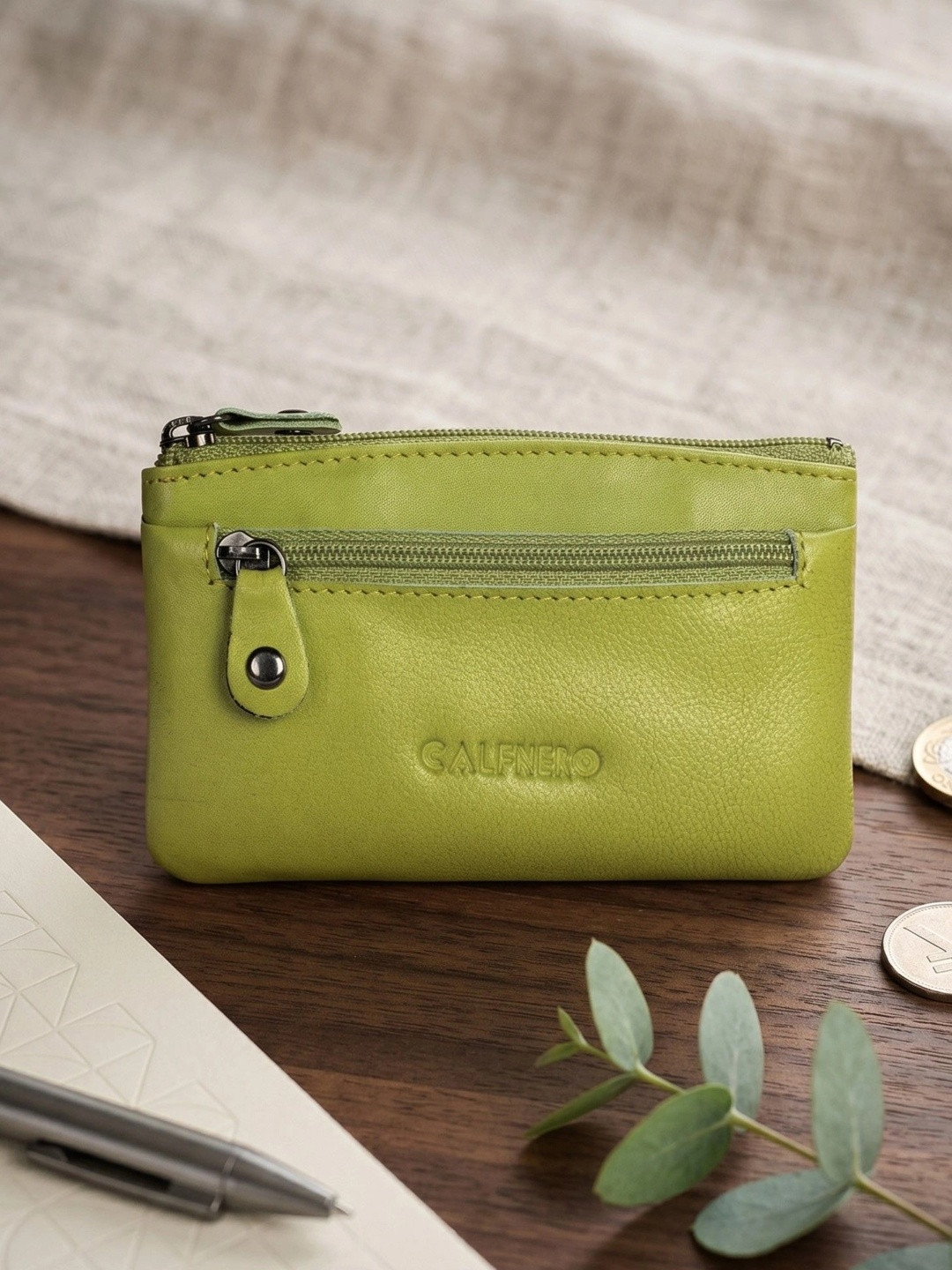 CALFNERO Unisex Green Leather Zip Around Wallet