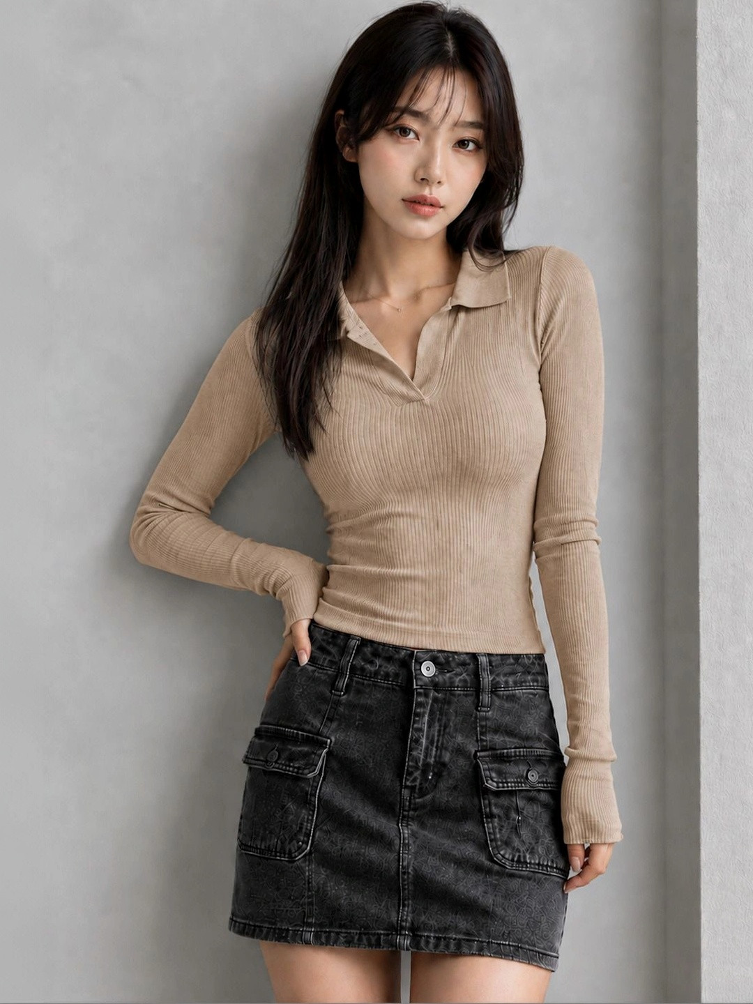 RAMIAAZ Cotton Ribbed Collared Long Sleeve T-shirt& Top