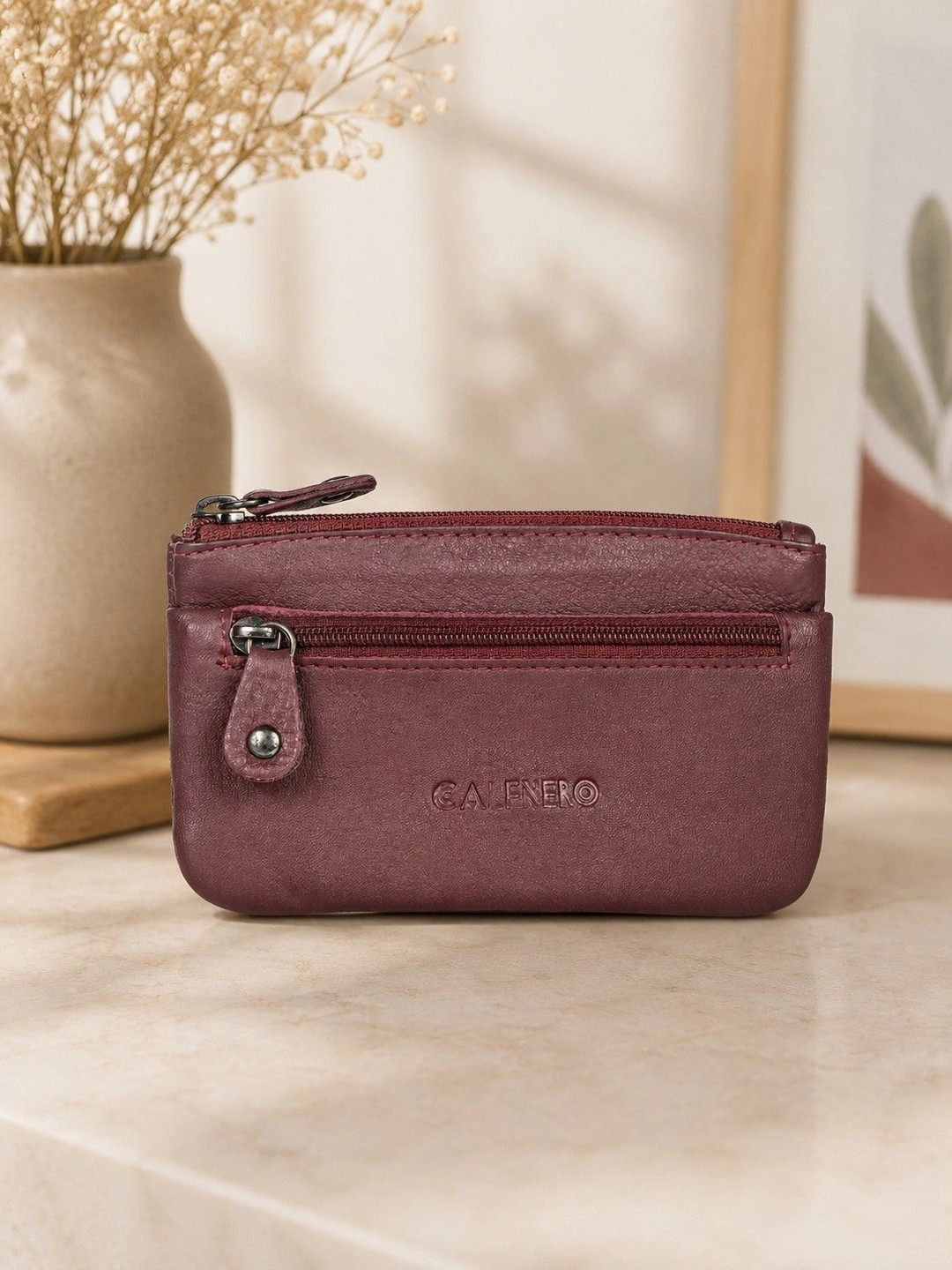 CALFNERO Unisex Textured Leather Zip Around Wallet