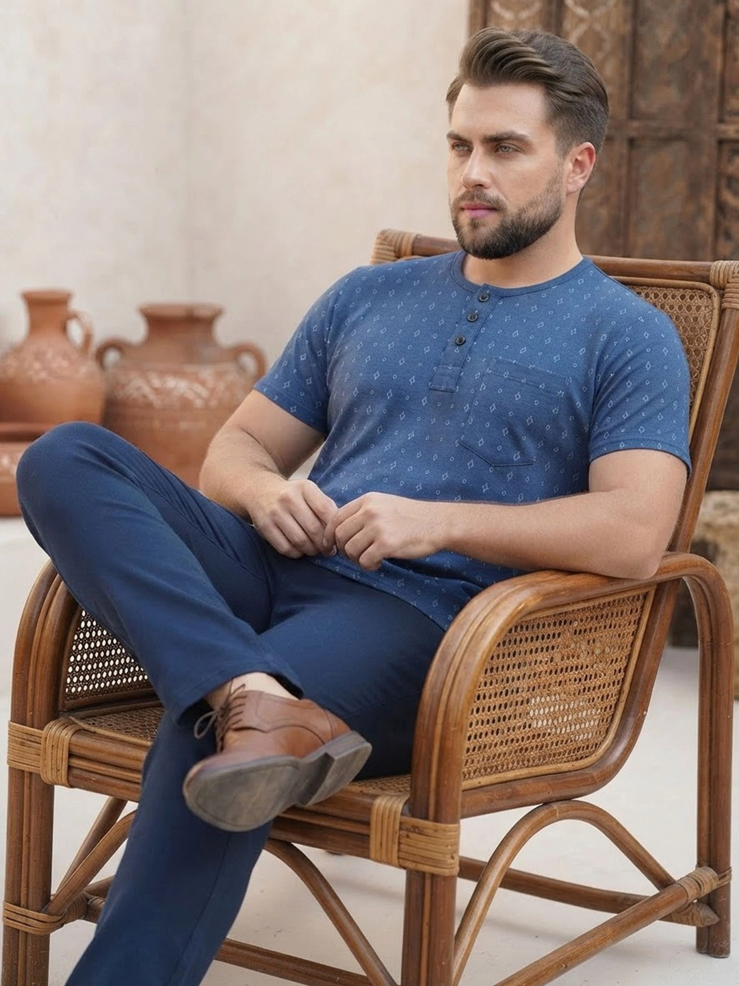 ALARM Men Printed Henley Neck Pockets T-shirt