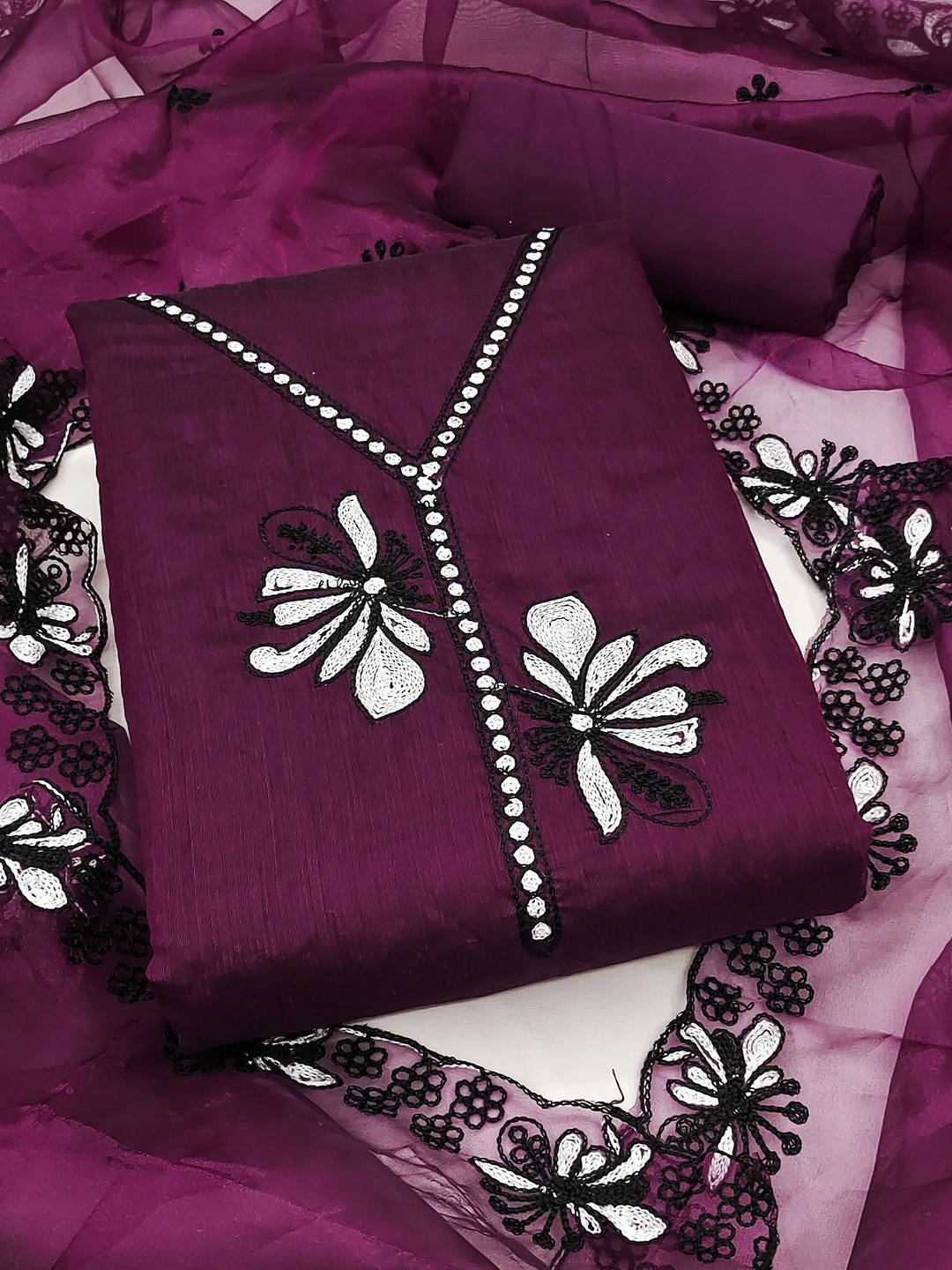 Sangria Embroidered Semi-Stitched Dress Material