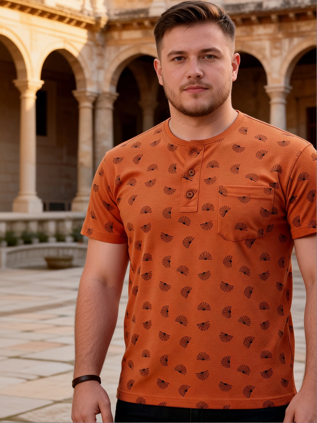 ALARM Men Printed Henley Neck Pockets T-shirt