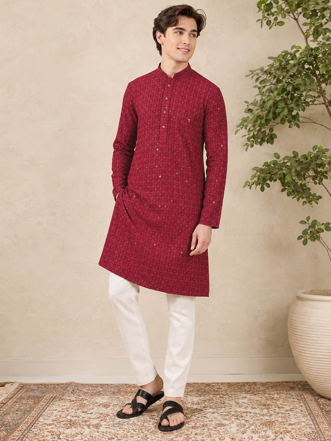 HERE&NOW Geometric Sequinned Embroidered Straight Kurta