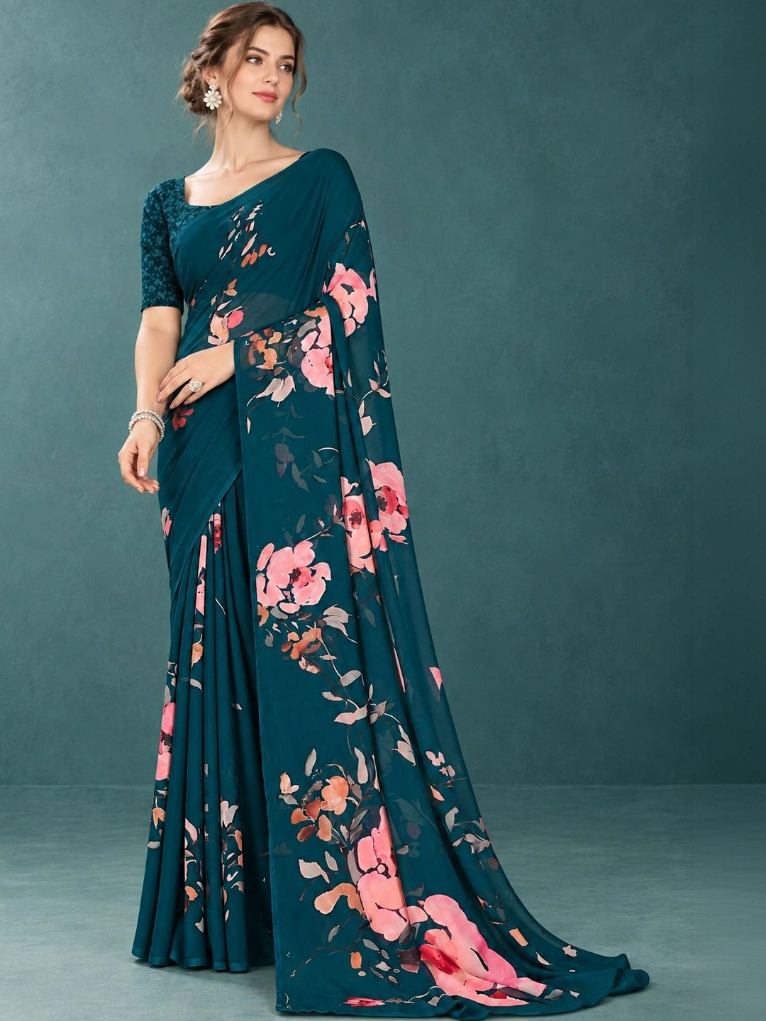 Tanuza Fashion Floral Pure Georgette Mysore Silk Saree