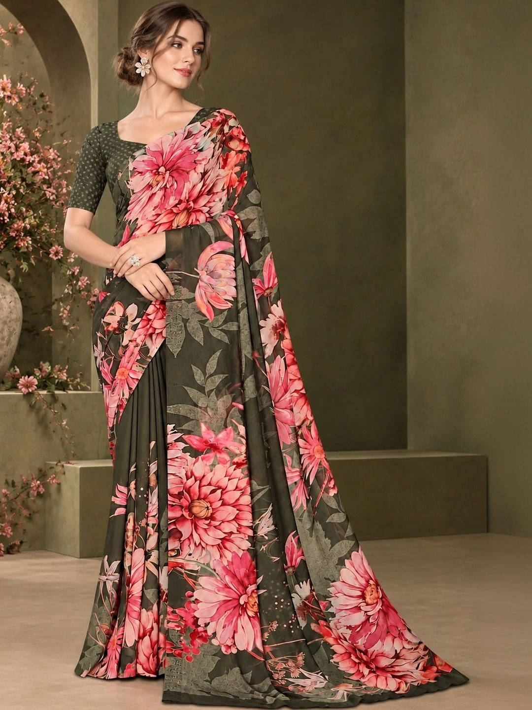 Tanuza Fashion Floral Pure Georgette Mysore Silk Saree