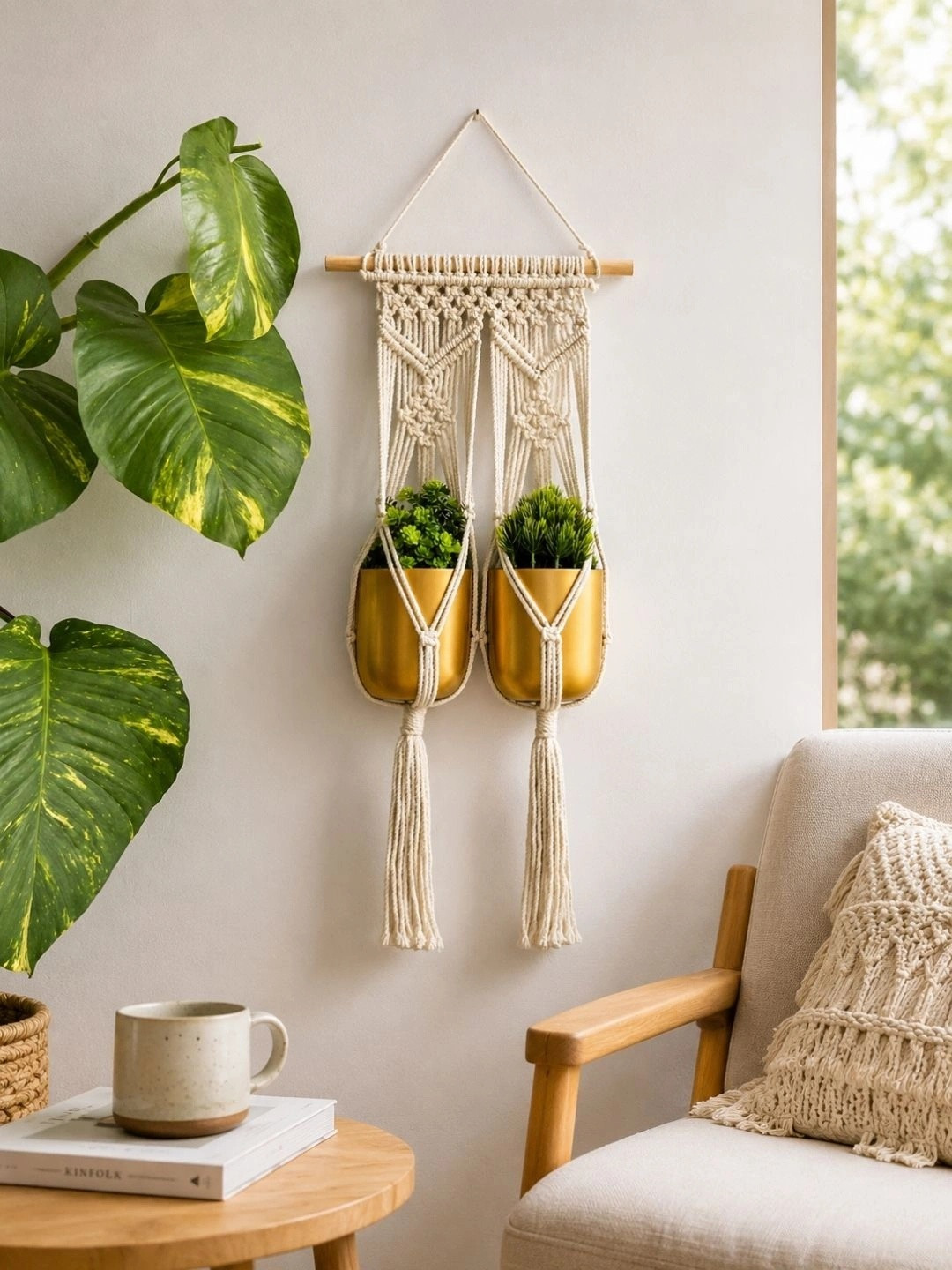 ecofynd Off White Organic Cotton Double Plant Hanger & Rope Flower Pot Holder