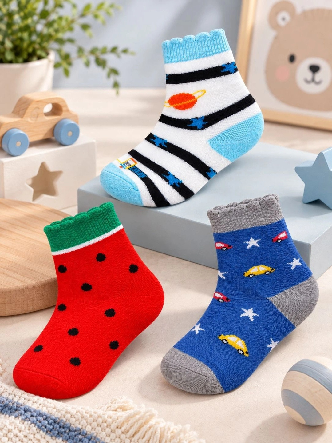 TinySteps Unisex Kids Pack of 3 Cotton Patterned Above Ankle Socks