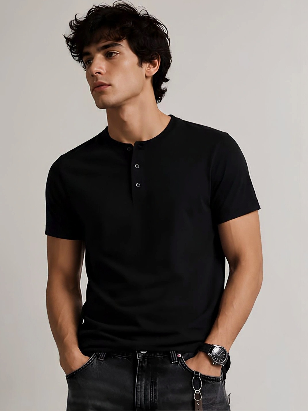 ALONE EAGLE Men Henley Neck Slim Fit T-shirt