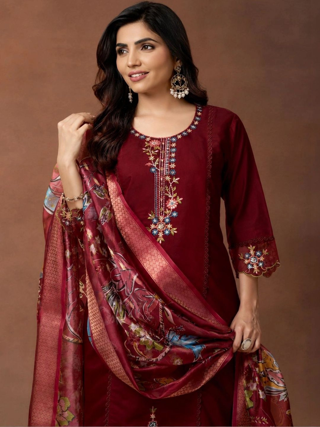 ASILYN Women Ethnic Motifs Embroidered Regular Thread with Trousers & With Dupatta