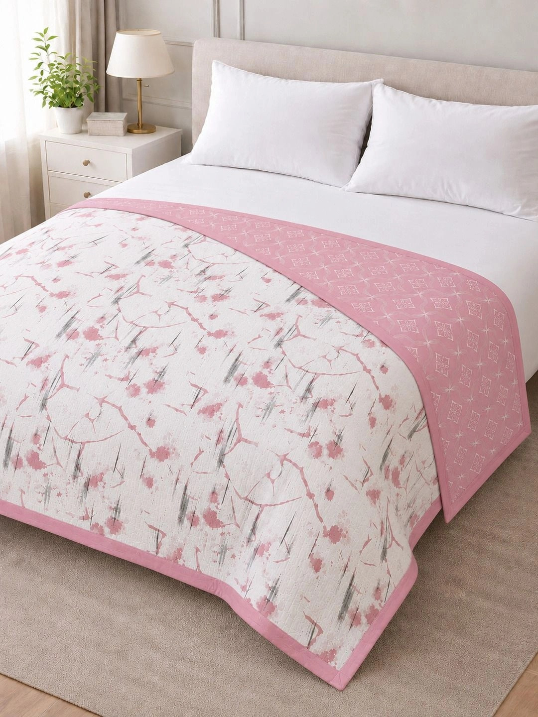 Myntra Elegant Homes Pink & White Floral AC Room 150 GSM Dohar