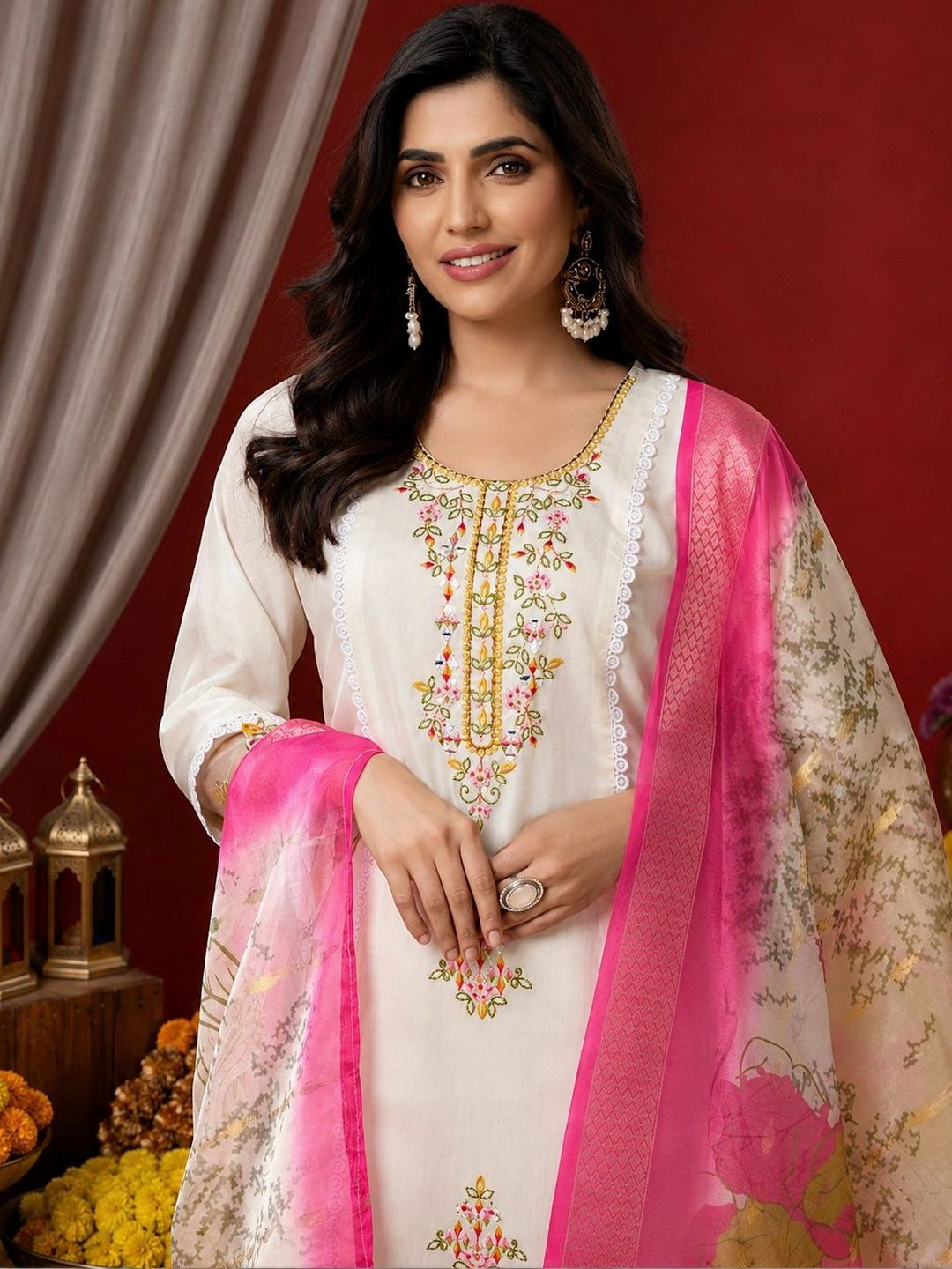 ASILYN Women Floral Embroidered Thread Work Pure Silk Kurta with Trousers & Dupatta