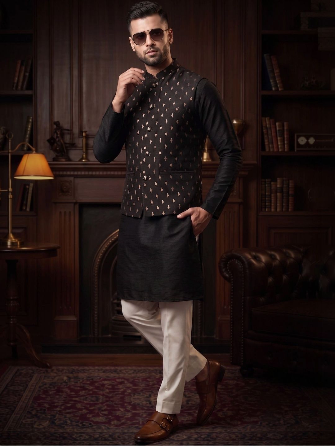 MAAHI FABS Mandarin Collar Long Sleeves Kurta & Churidar & Geometric Printed Nehru Jacket