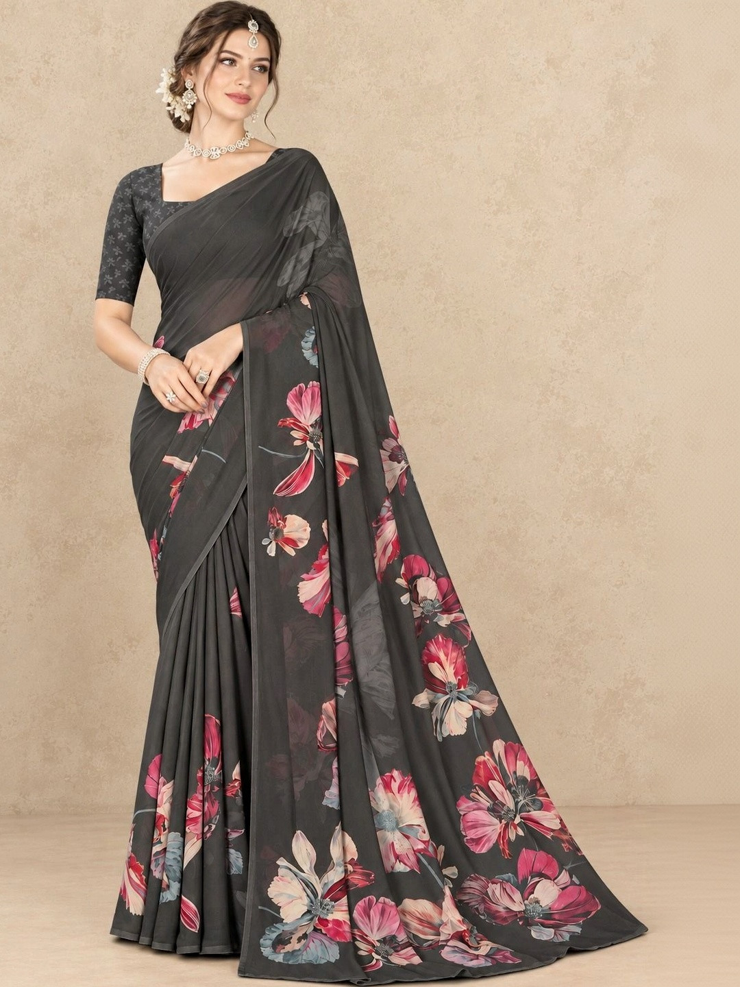 Tanuza Fashion Floral Pure Georgette Mysore Silk Saree