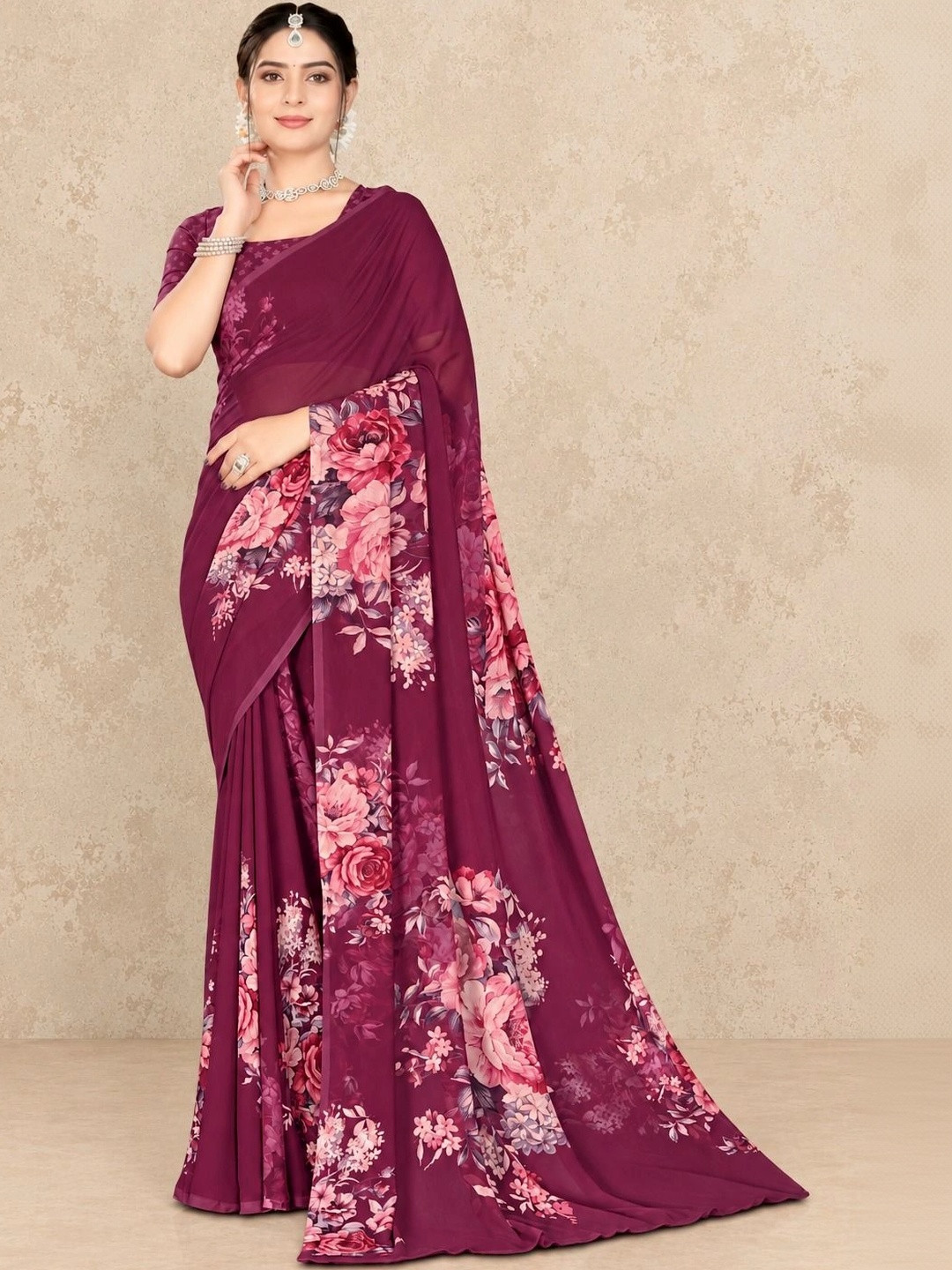 Tanuza Fashion Floral Pure Georgette Mysore Silk Saree