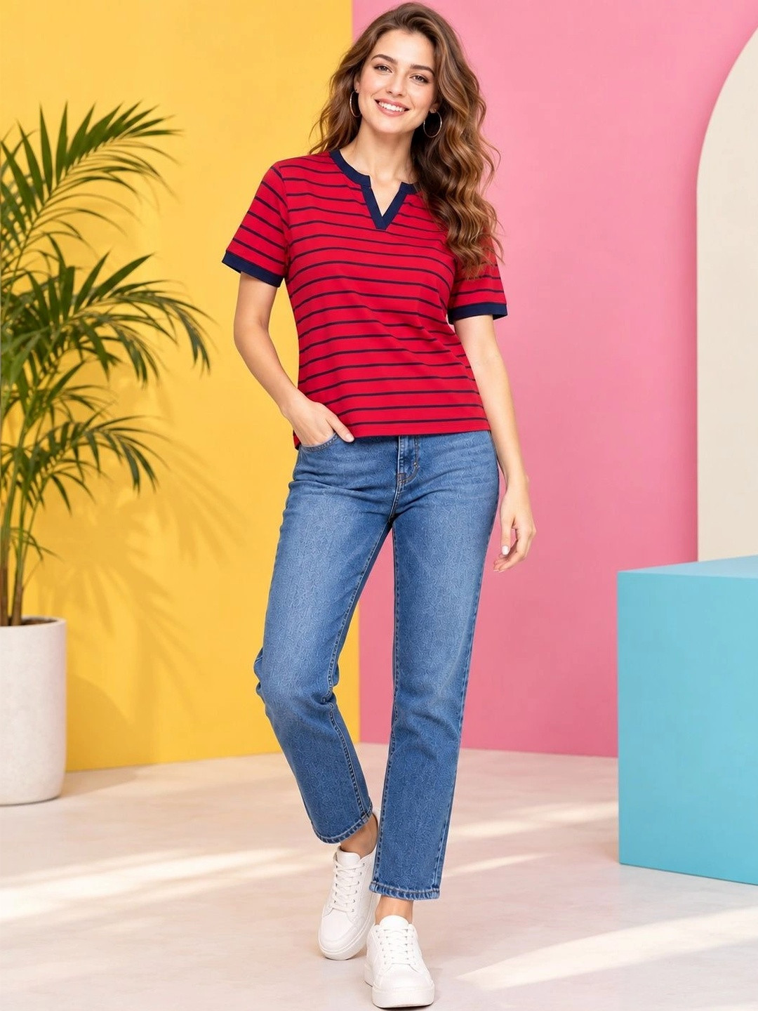 DressBerry Women Striped V-Neck Bio Finish T-shirt