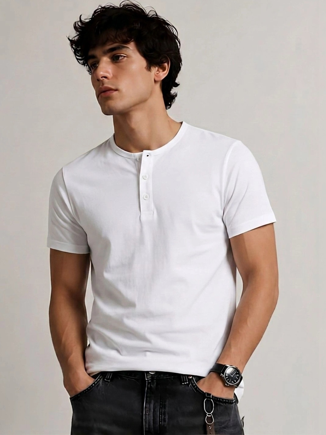 ALONE EAGLE Men Henley Neck Slim Fit T-shirt