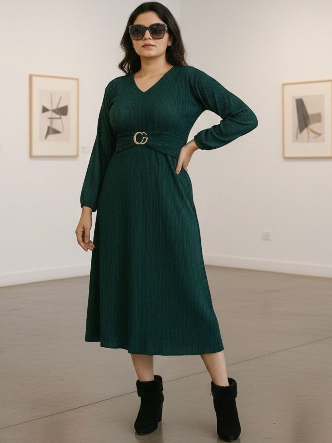 IQRA ENTERPRISE Women Solid Self Design V-Neck Belted A-Line Midi Dress