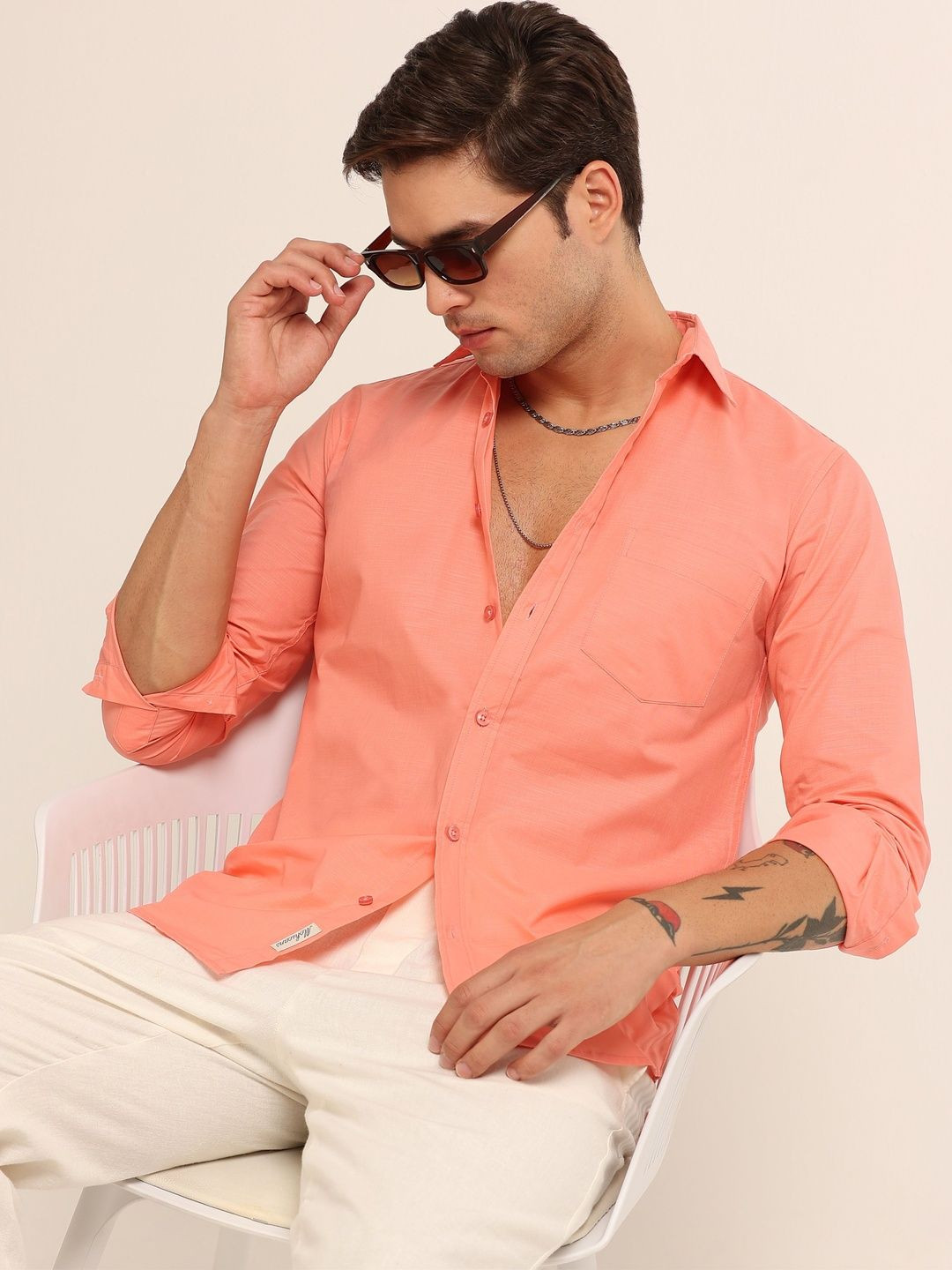 MOHICANS Men Relaxed Peach Cotton Linen Casual Shirt