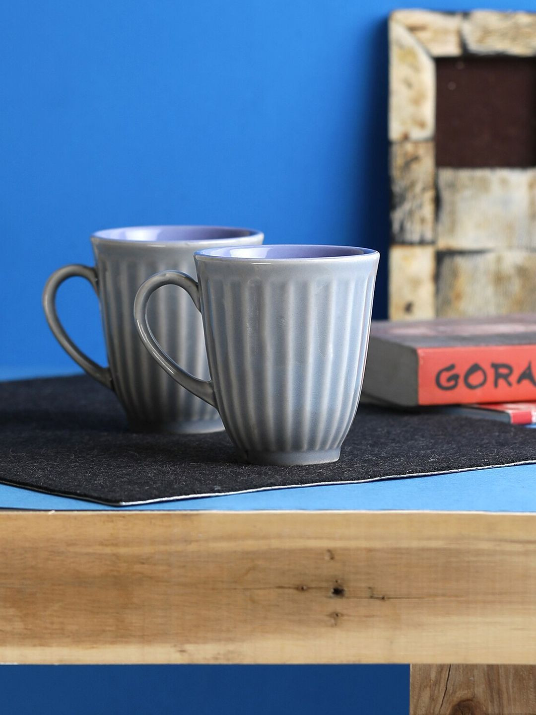 MIAH Decor Mom Life is The Best Life Grey Striped Ceramic Handmade 2 Piece Mugs-350ml