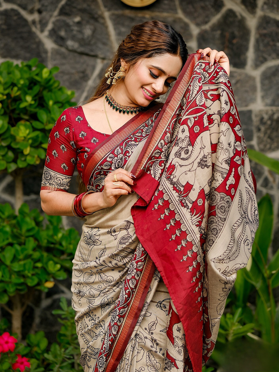 Sutrani Kalamkari Silk Cotton Handloom Maheshwari Saree