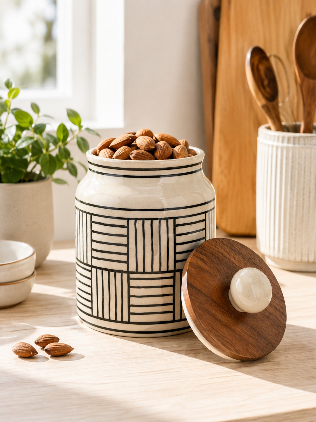 Miah Decor Cream Checkered Ceramic Air Tight Flip Top Canister
