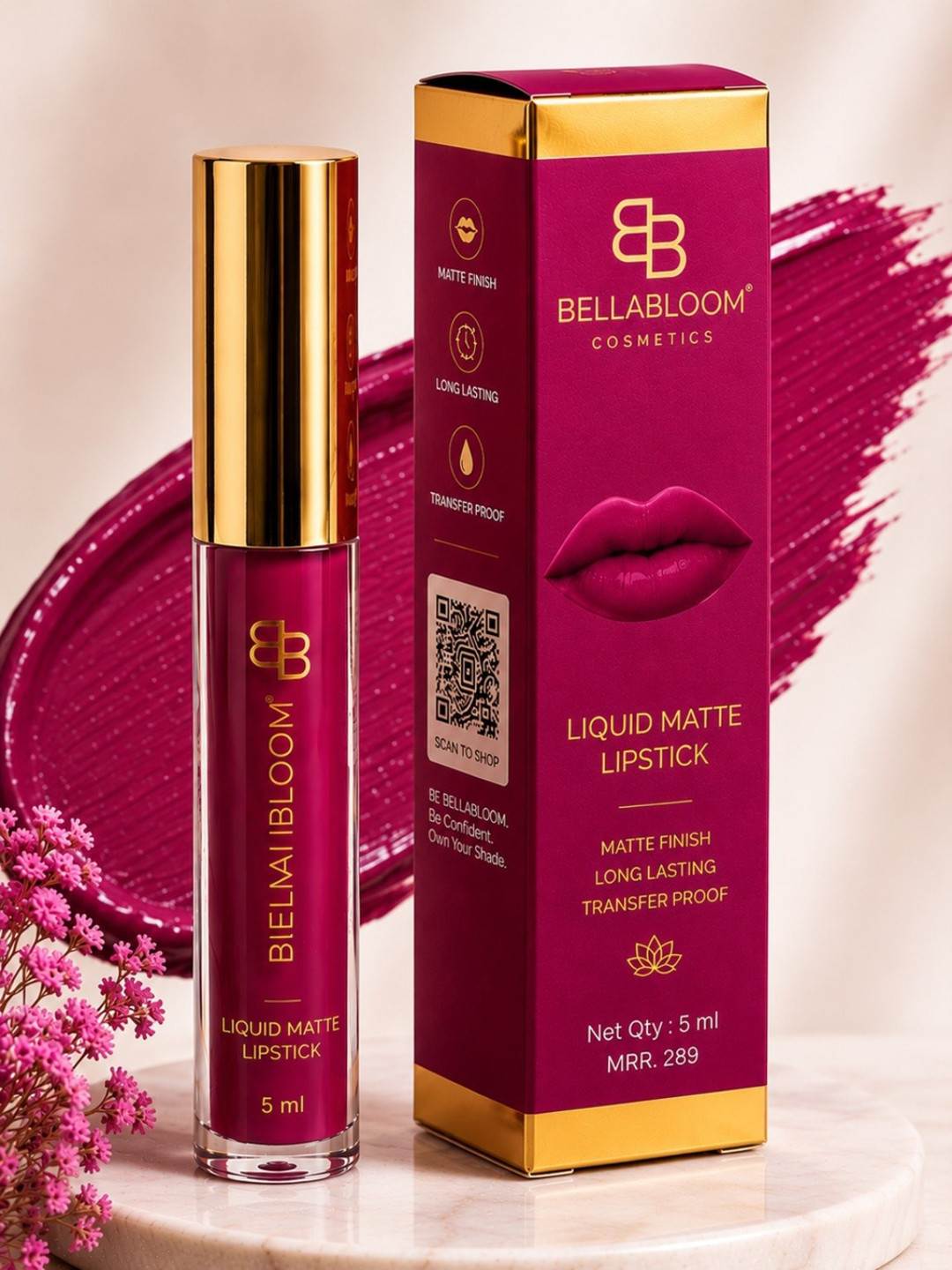 BELLABLOOM Waterproof Matte Liquid Lipstick - 5 ml -  Pink