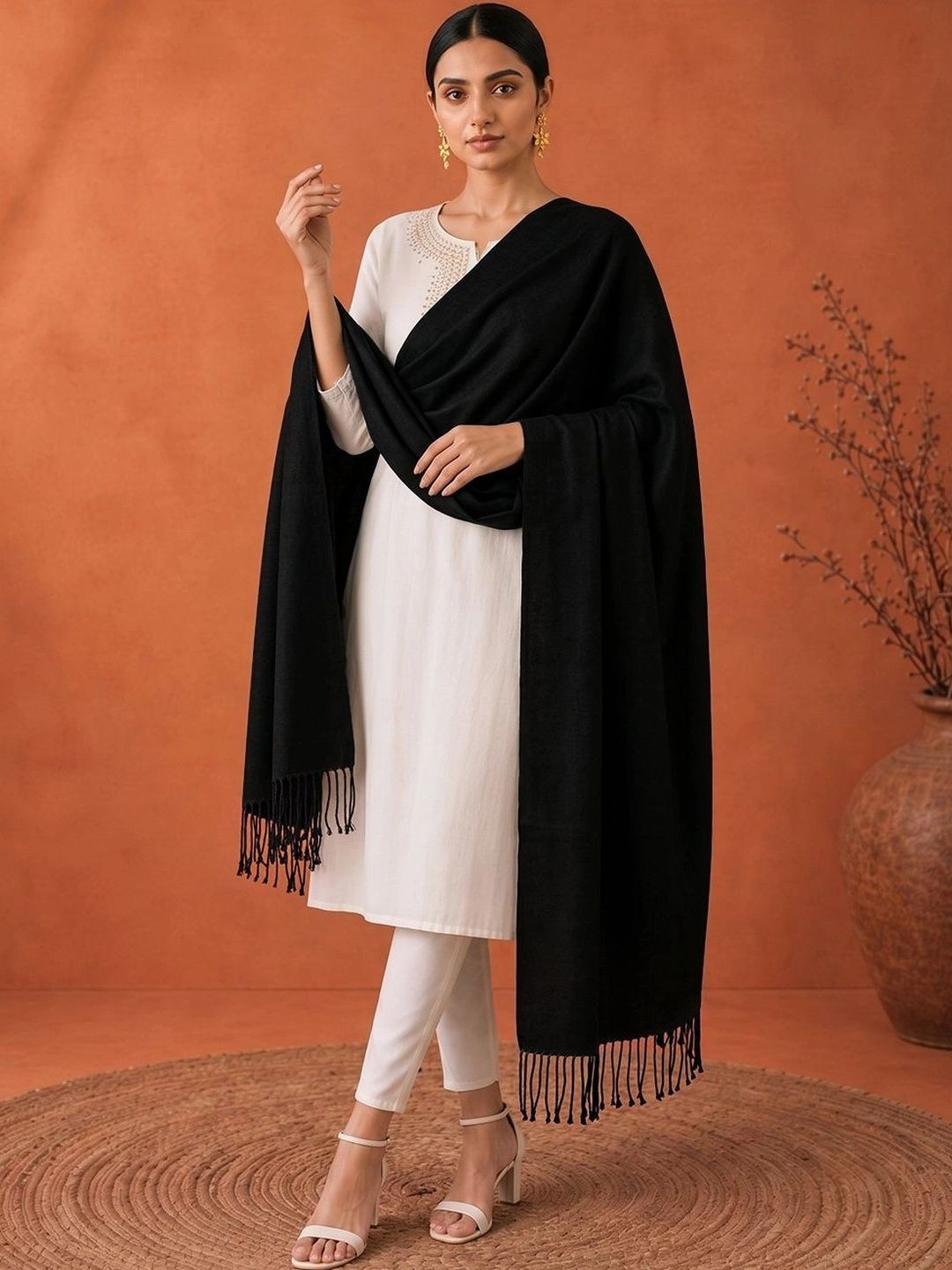 SAHASIKA Women Ethnic Solid Black Woven Design Pashmina Tasseled Border Stole