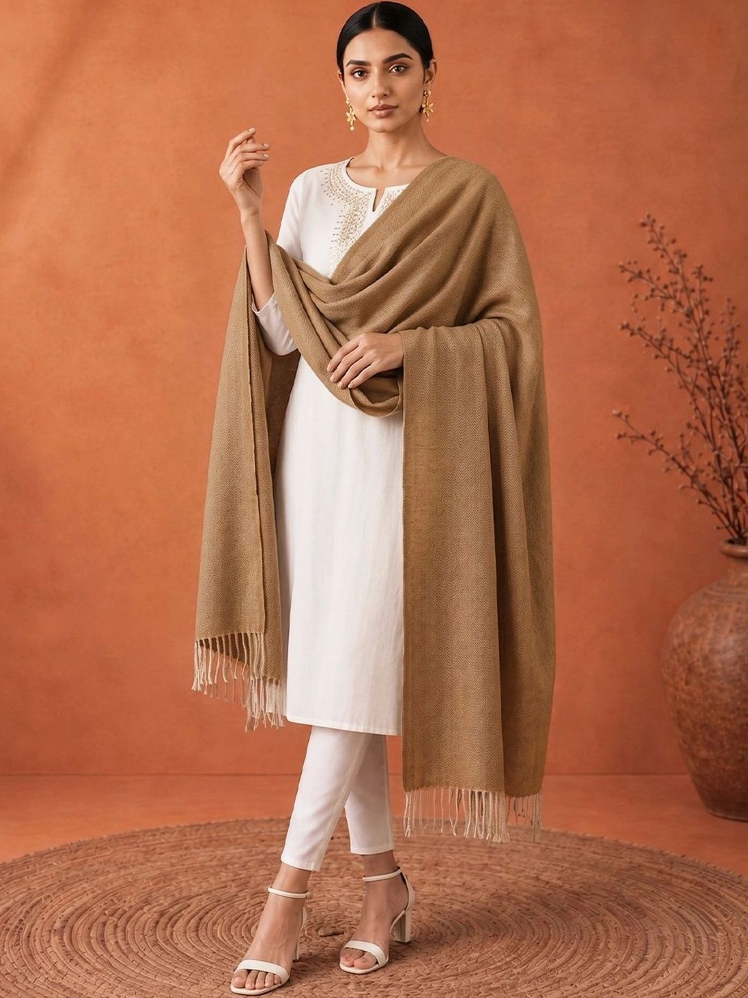 Sangria Women Woven Design Pashmina Tasseled Border Stole
