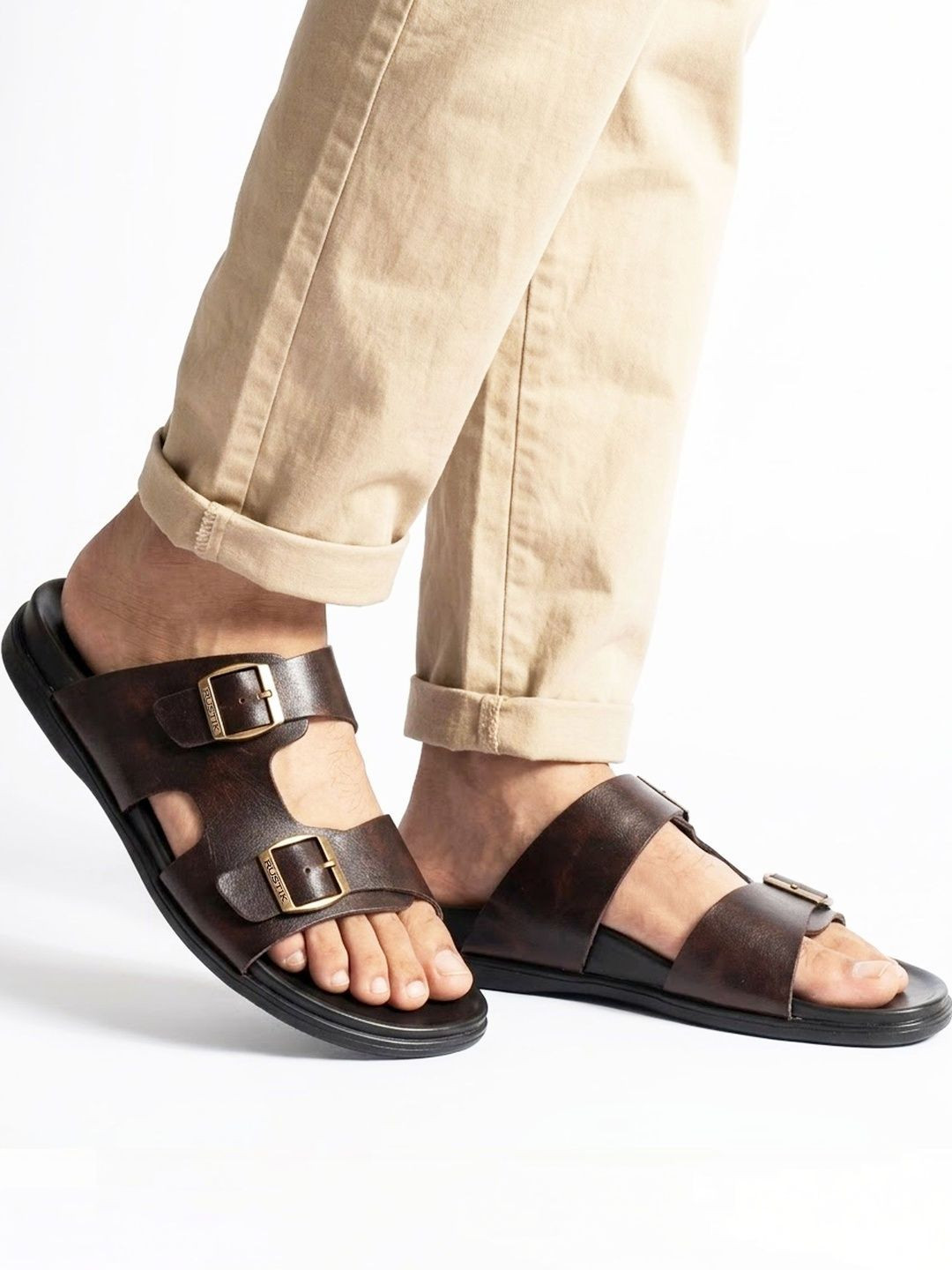 RUSTIK Men Brown Textured Synthetic Leather Comfort Sandals With Dual Buckle Straps