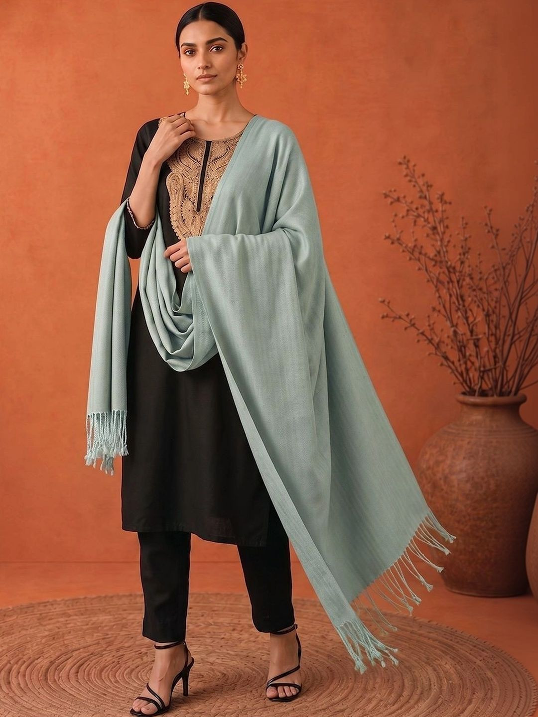 SAHASIKA Women Woven Design Pashmina Tasseled Border Stole