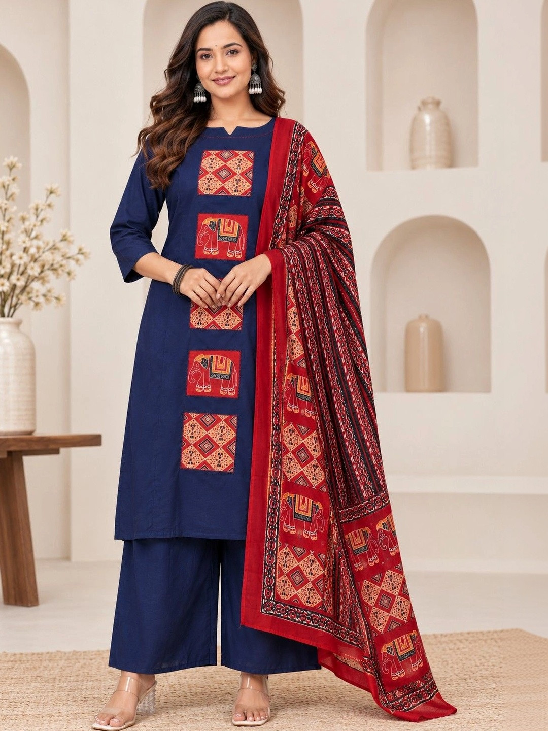 Bachuu Women Ethnic Motifs Embroidered Regular Thread Work Pure Cotton Kurta with Palazzos & With Dupatta