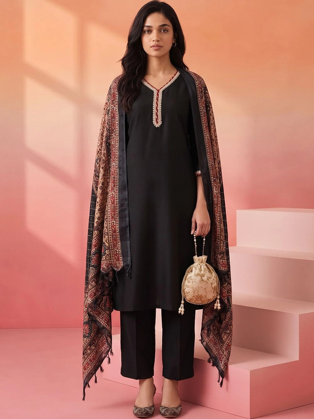 AADVIKA V-Neck Long Sleeves Straight Kurta With Trousers & Dupatta