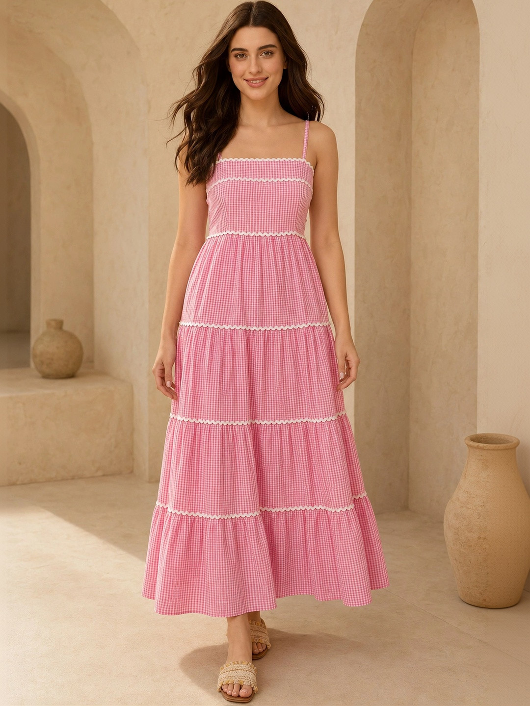 KALAMIR Checked Ruffled Maxi Dress