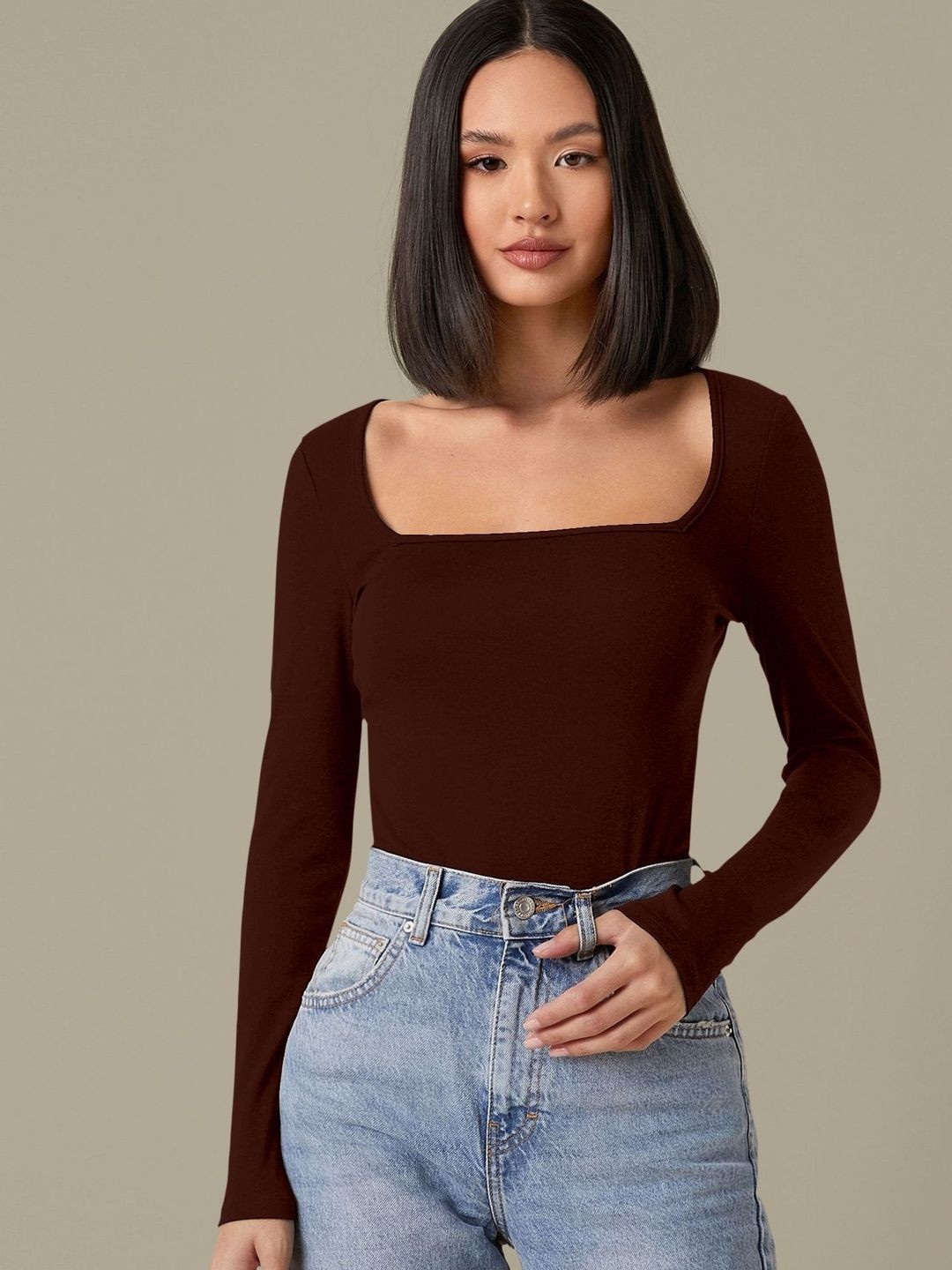 Dream Beauty Fashion Women Solid Square Neck Long Sleeves Fitted Top