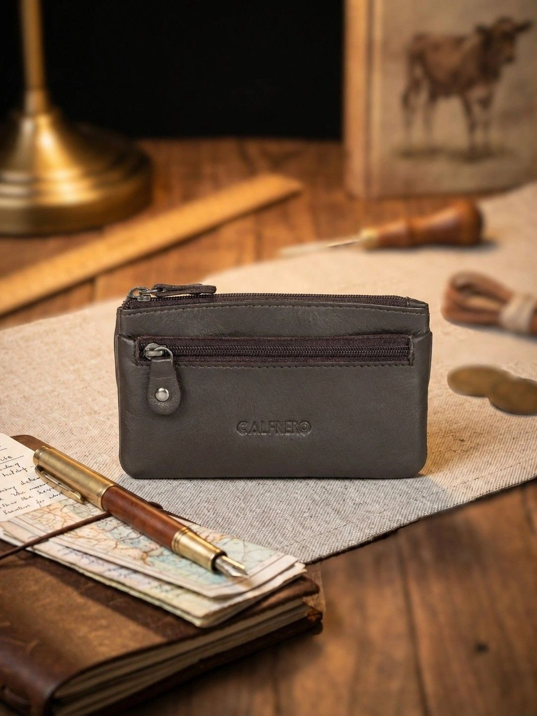 CALFNERO Unisex Leather Zip Around Wallet