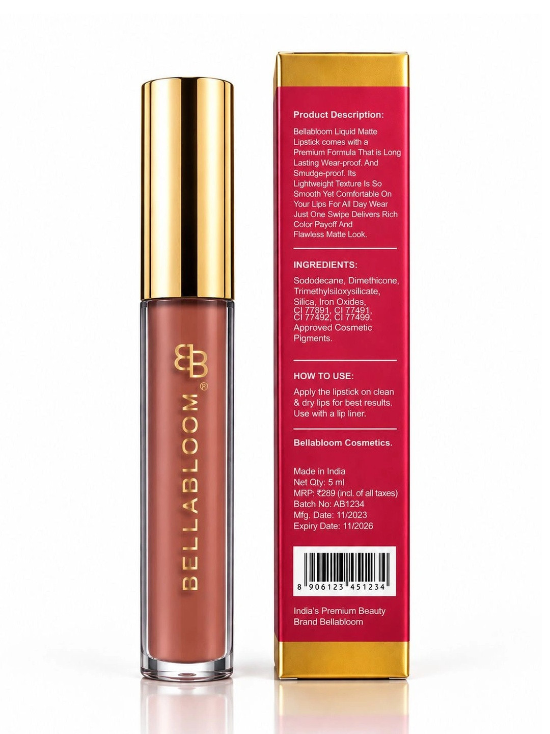 BELLABLOOM Long Lasting Matte Liquid Lipstick - 5 ml - Nude Brown