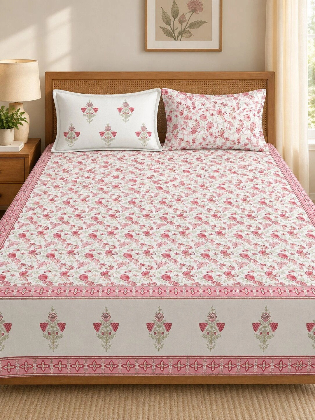 Rajasthan Decor White & Pink Printed Pure Cotton 210 TC  King Bedsheet Set 2.5 m x 2.7 m