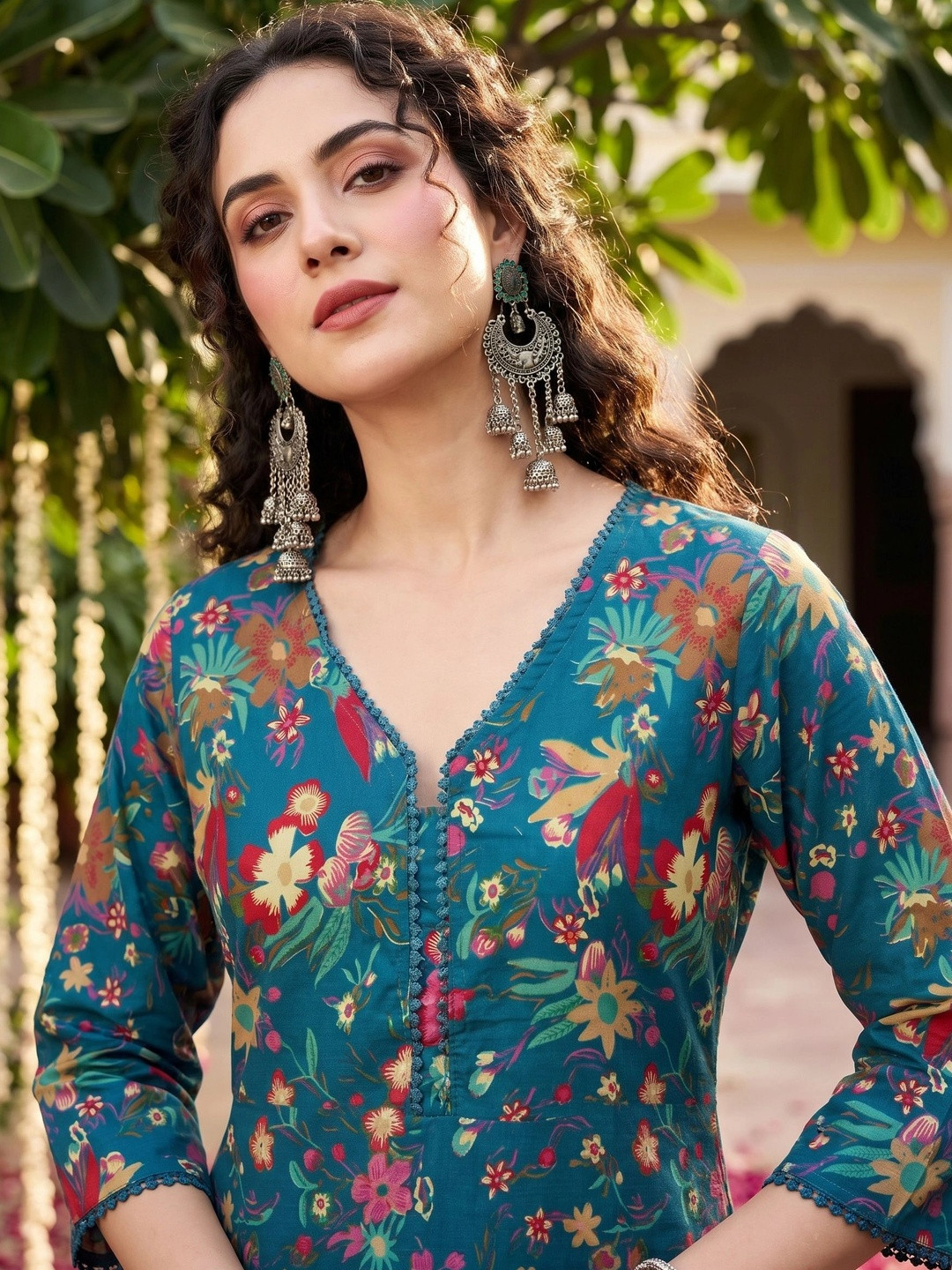 KJFAB Women Floral Printed Regular Pure Cotton Kurta with Trousers