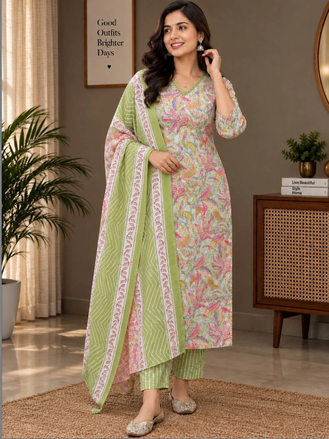 MFGIVA Women Paisley Printed Regular Pure Cotton Kurta with Trousers & With Dupatta