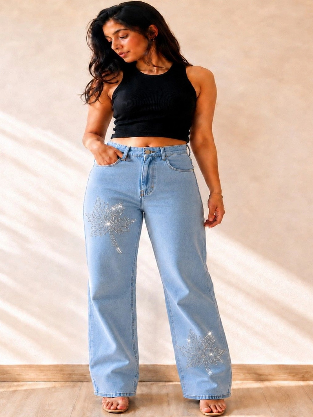 DS CREATIVE Women Wide Leg Mid-Rise Light Fade Embellished Stretchable Jeans