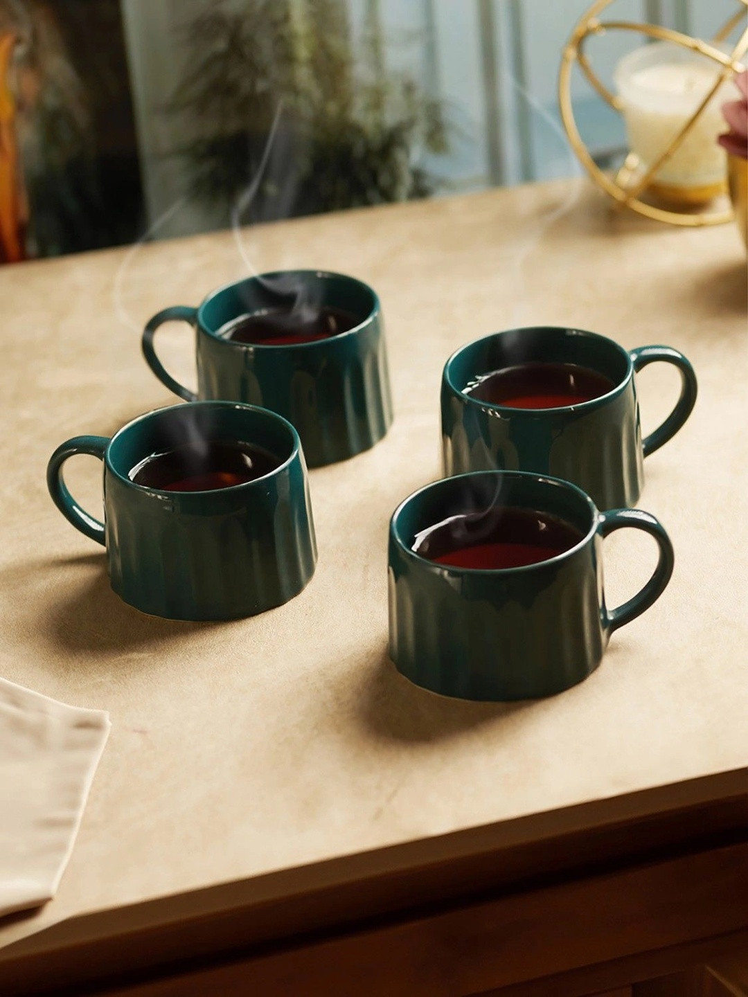 Troveas Cascade Brew Green Ceramic Microwave Safe 4 Piece Cups-100ml