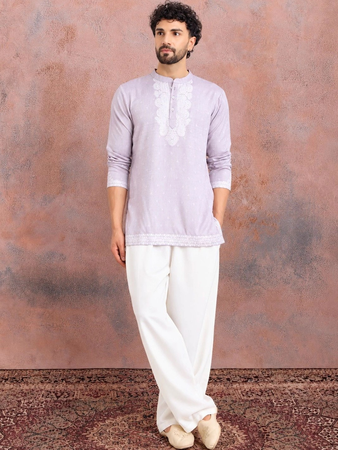 House of Pataudi Yoke Design Mandarin Collar Kurta & Trousers