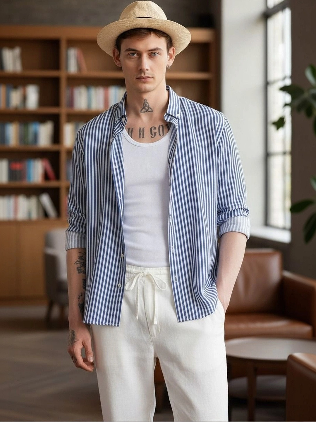 Navy Blue Vertical Stripes Casual Shirt