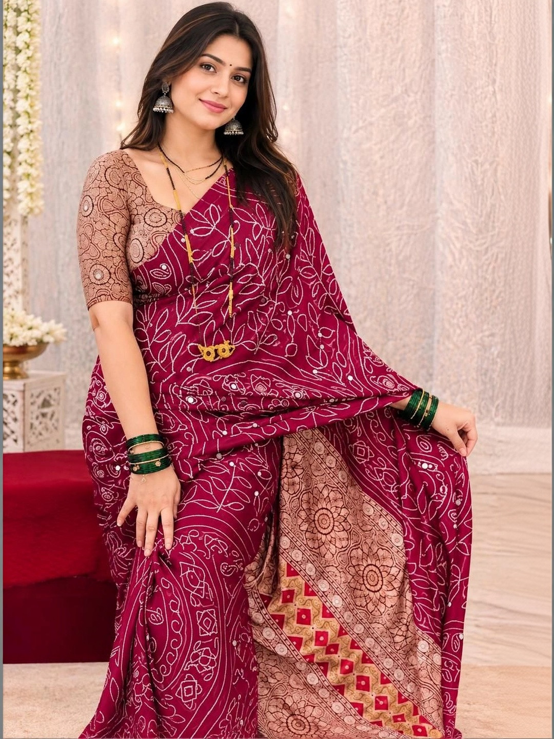 DJV Fashion Batik Mirror Work Poly Georgette Ikat Saree